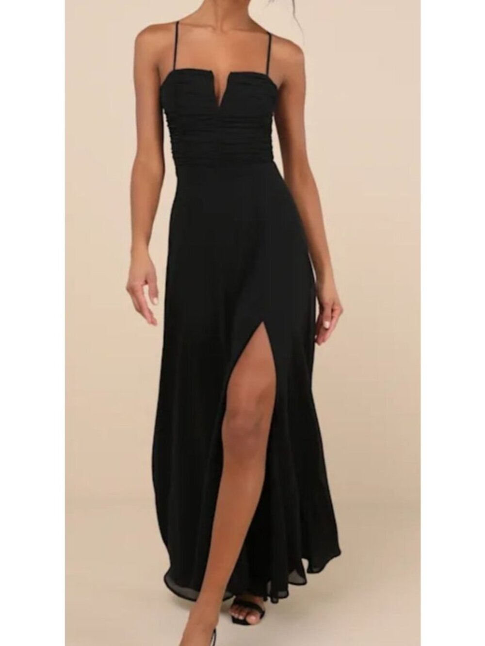 Lulus Elegant Black Maxi Dress With Ruched Bodice Spaghetti Straps & High Slit -
